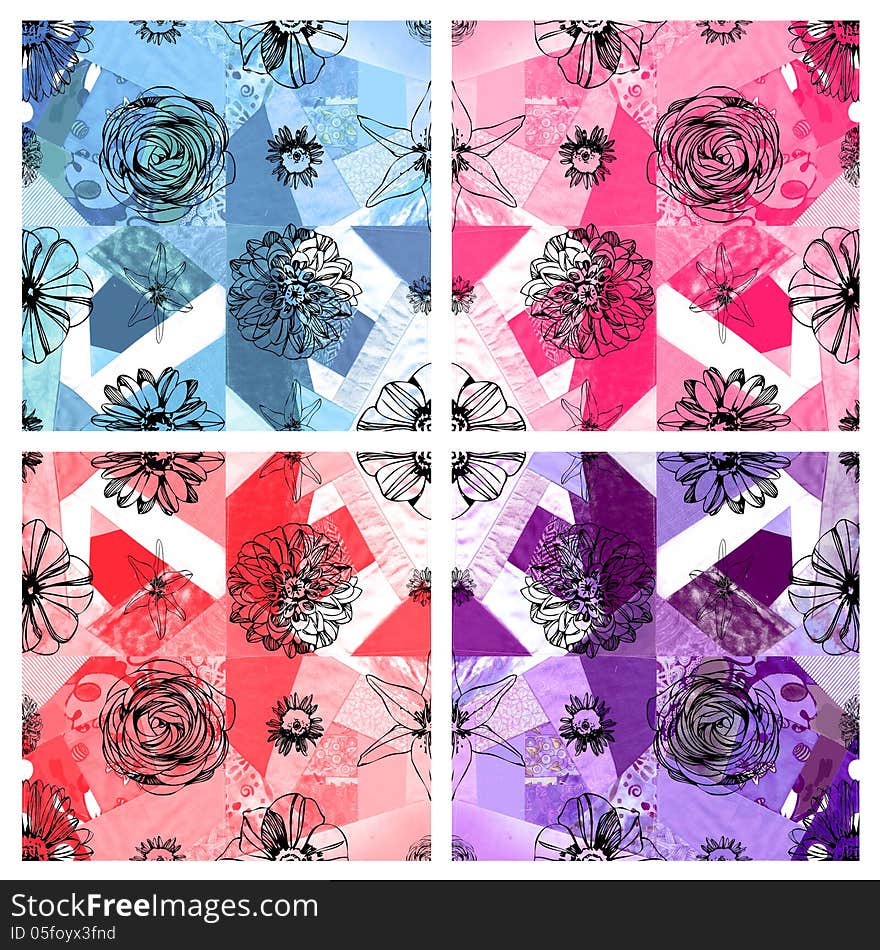 Set of black seamless floral patterns against a blue,pink, red and purple abstract fabric pattern background. Set of black seamless floral patterns against a blue,pink, red and purple abstract fabric pattern background