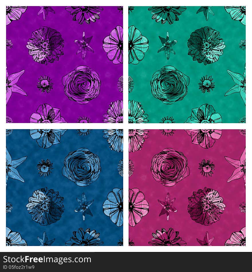 A Set Of Seamless Fabric Textured Floral Patterns Against Matching Solid Color Backgrounds