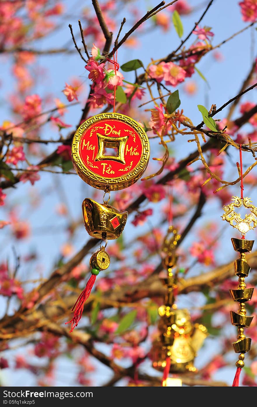 Ornament Of Lucky Coin And Gold Ingots On The Peach Tree