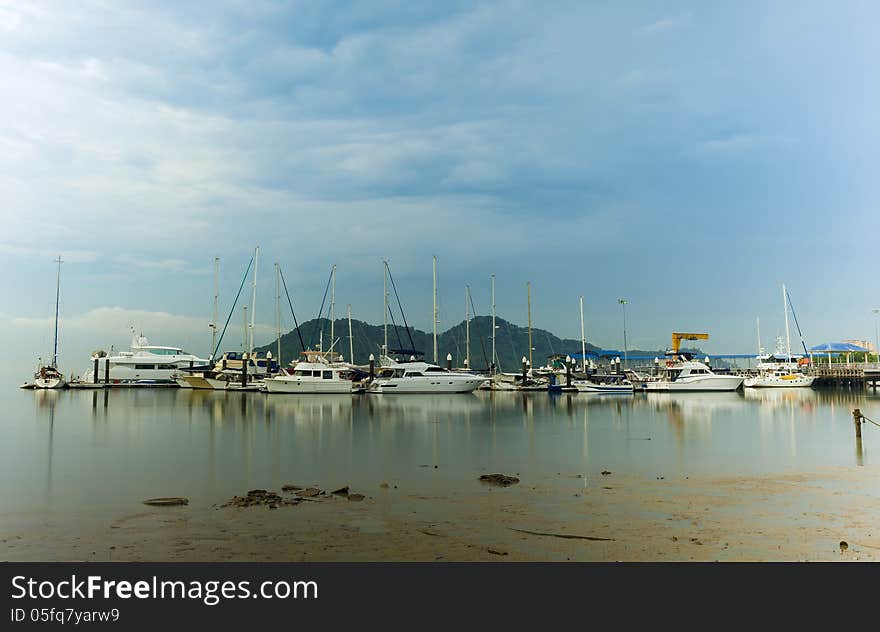 Yachts and cruise ship at port of Georgetown, Penang, Malaysia