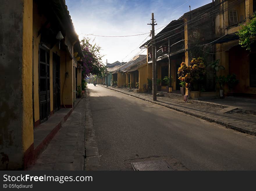 Empty street of the ancient town Hoi An in early morning. Empty street of the ancient town Hoi An in early morning