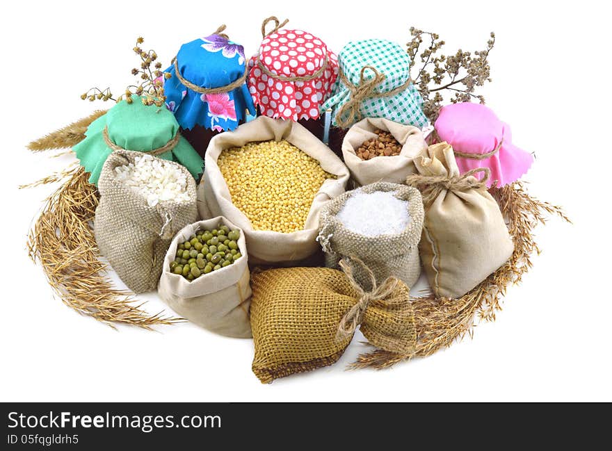 Isolated composition of funny bags and jars. Isolated composition of funny bags and jars