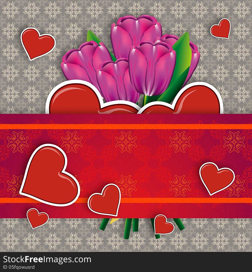 Beautiful card with purple tulips and red hearts. Beautiful card with purple tulips and red hearts.