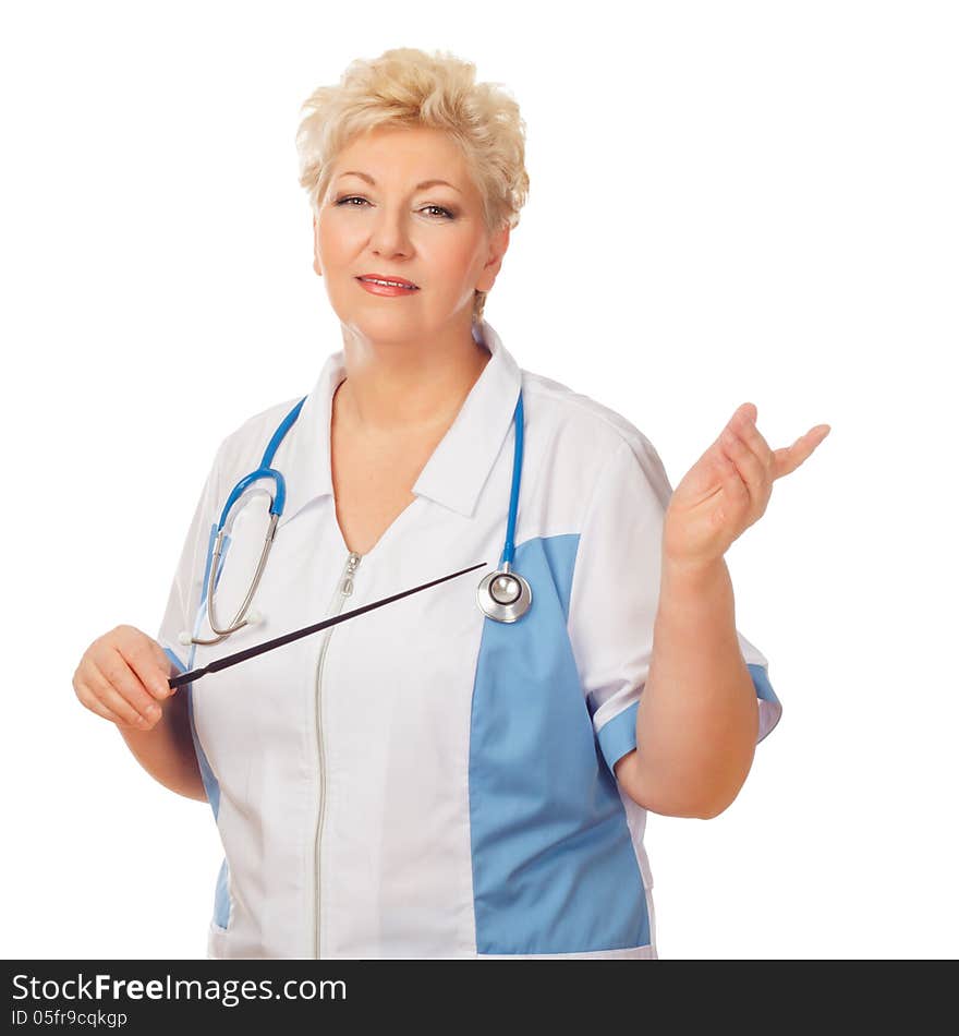 Senior woman doctor in white suit with stethoscope and pointer show finger. Isolated on white background. Senior woman doctor in white suit with stethoscope and pointer show finger. Isolated on white background.