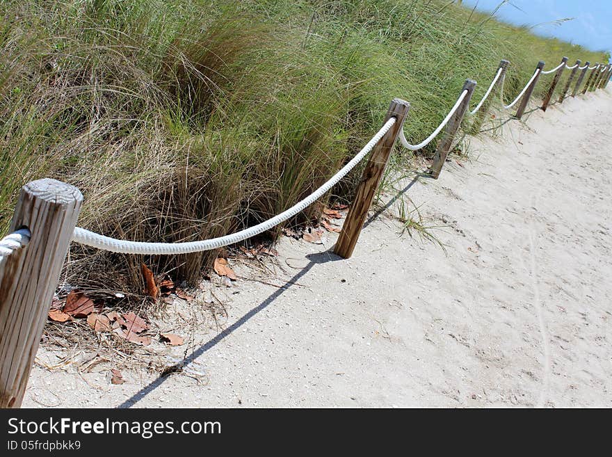 Ropes and wood posts leading onto a sandy beach at ocean