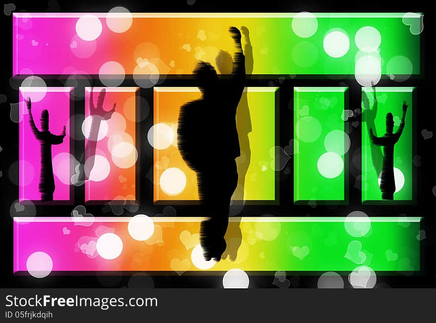 Happy lifestyle party people dancing silhouette with colorful lights bokeh