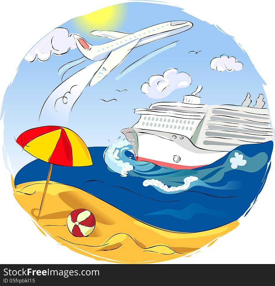 Absract illustration with plane and liner and sea. Vector