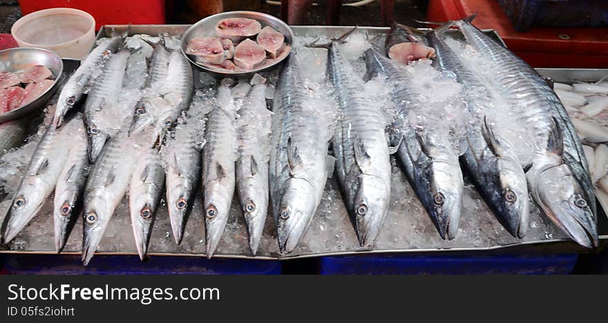 Variety of fresh fish seafood in market, chonburi, thailand