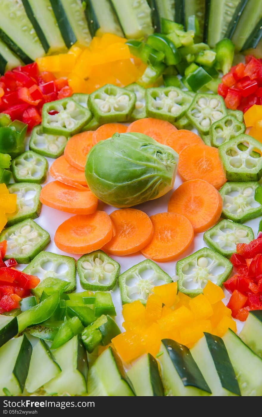 Assorted vegetables arrangement of carrot, cucumber, chili, onion