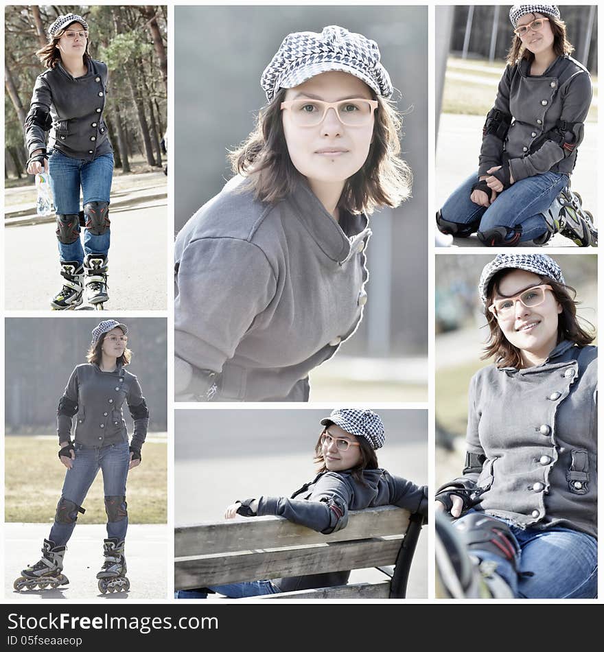 Photo series of roller skating young woman over city park background. Natural looking, smiling girl wearing fashionable glasses and hat, skating with roller skates, relaxing on the bench and at the ground. Photo series of roller skating young woman over city park background. Natural looking, smiling girl wearing fashionable glasses and hat, skating with roller skates, relaxing on the bench and at the ground.