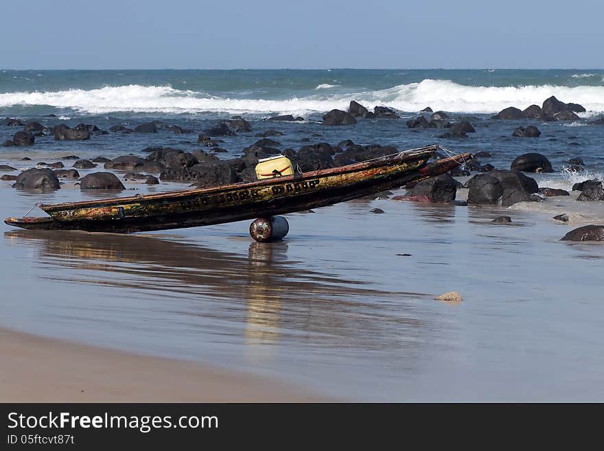 Fishing dugout on a beach in west Africa.