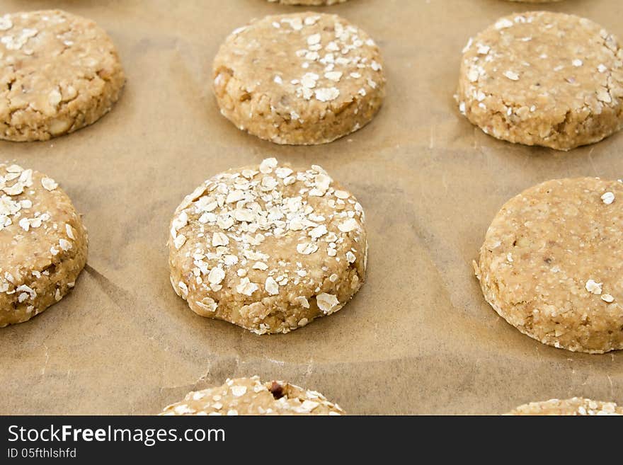 Raw Oatmeal Cookie Dough On A Baking Sheet