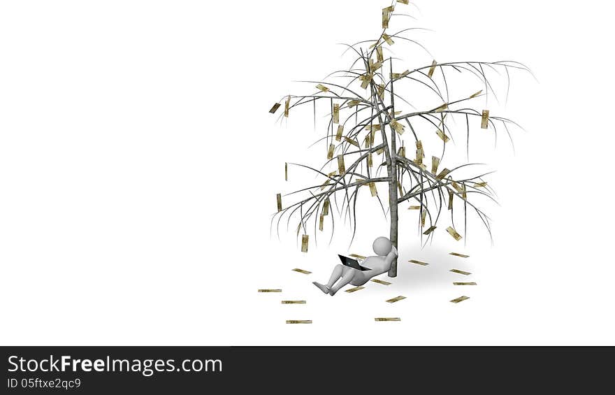 3d man under money tree isolated on white