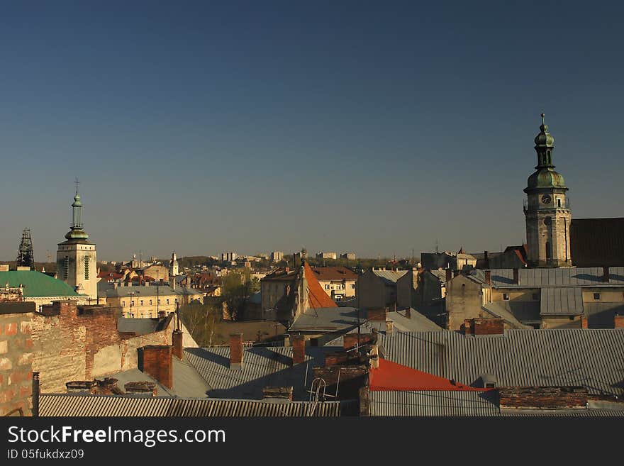 View of the old city of Lviv - the city's rooftops and the Bernardine Monastery