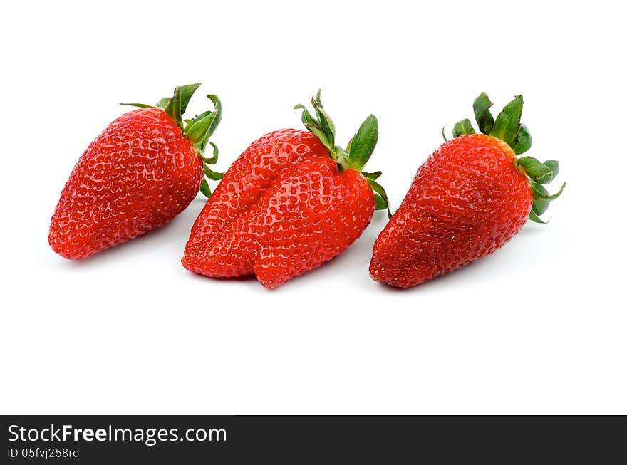 Three Perfect Big Strawberries In a Row on white background