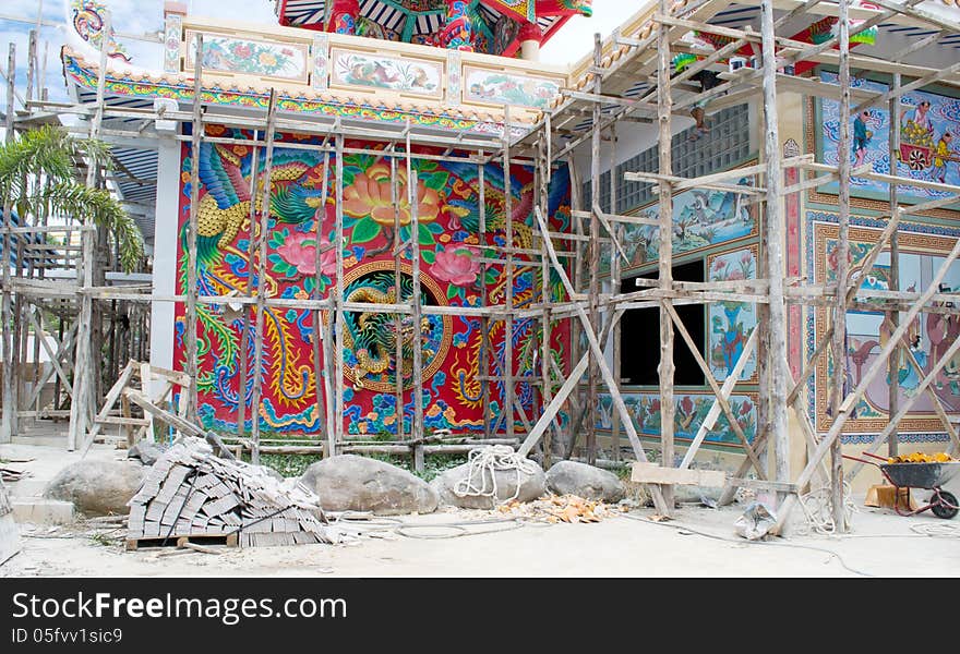 Construction of a Chinese temple.