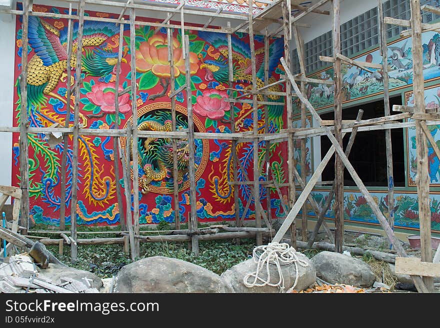 Construction of a Chinese temple.