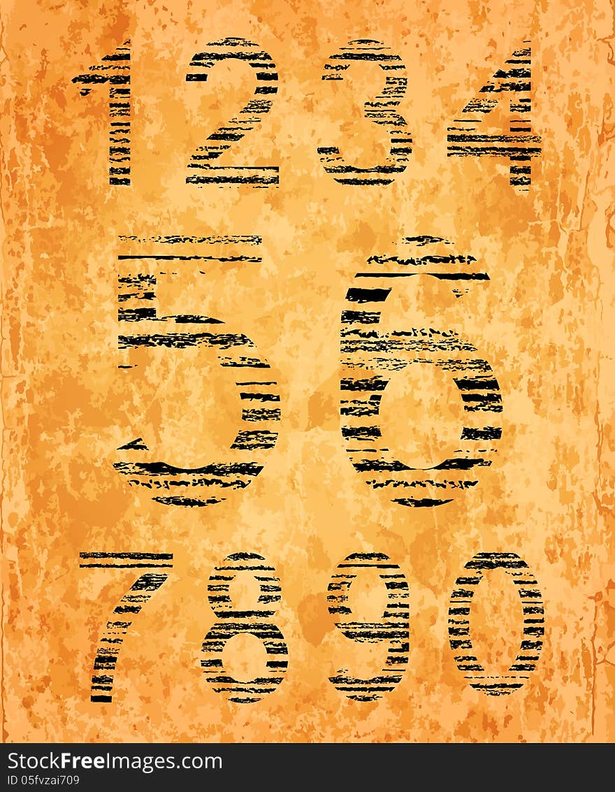 Number set from black coal texture on old paper background. EPS10 blend mode used