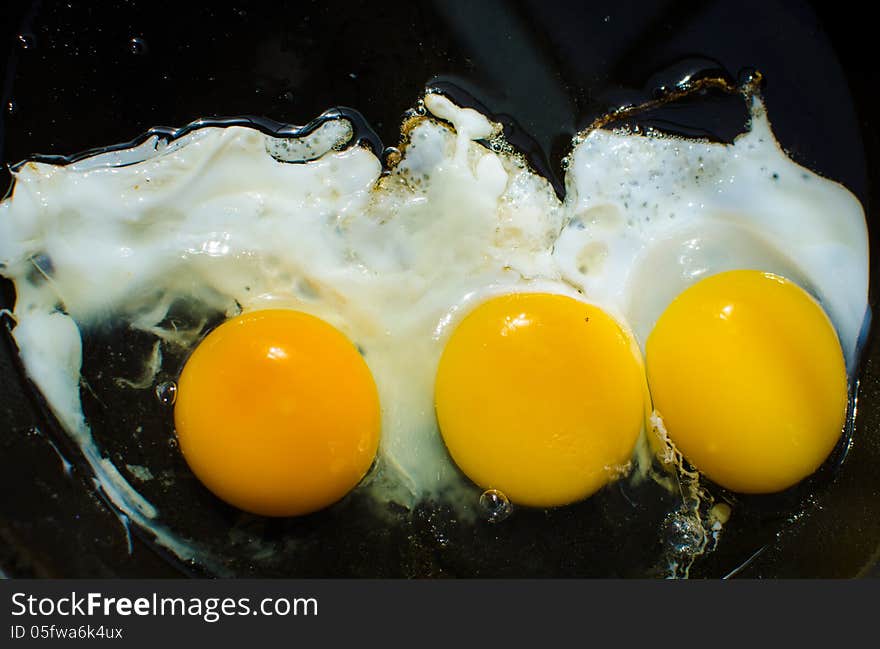 Closeup of three fried eggs in a frying pan