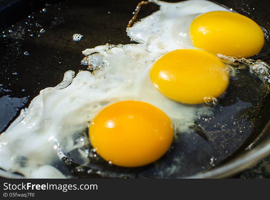 Closeup of three fried eggs in a frying pan