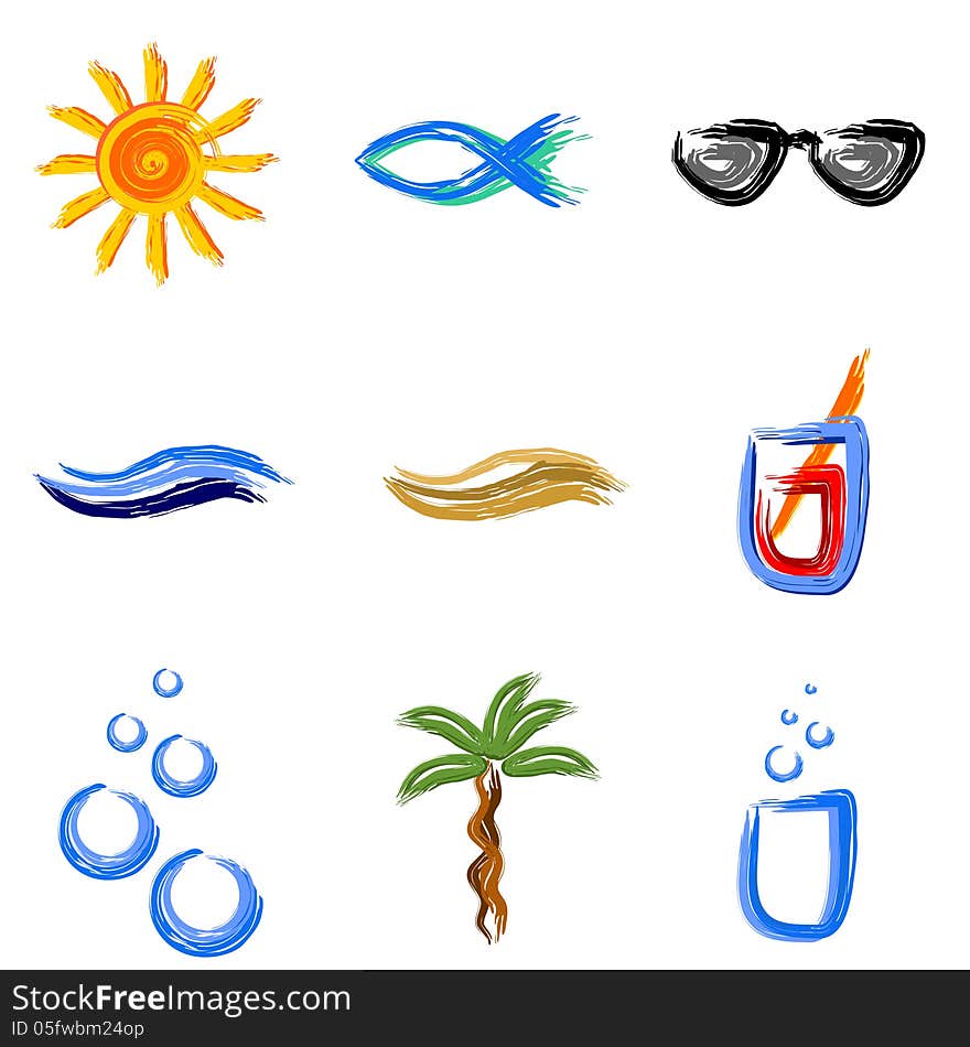 Painted summer and holiday symbols. Painted summer and holiday symbols