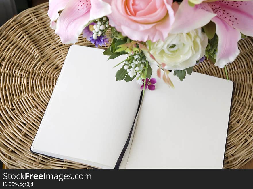 Two blank white page with pink flowers. Two blank white page with pink flowers