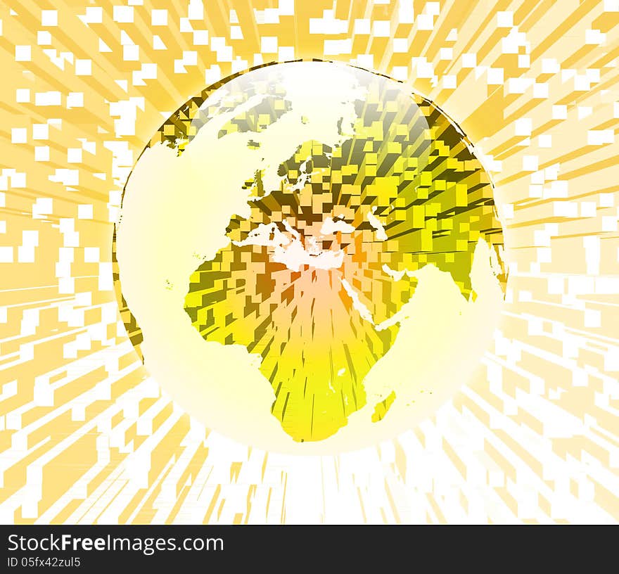 3d illustration of a transparent earth globe over top of a yellow extruded pixel background. 3d illustration of a transparent earth globe over top of a yellow extruded pixel background