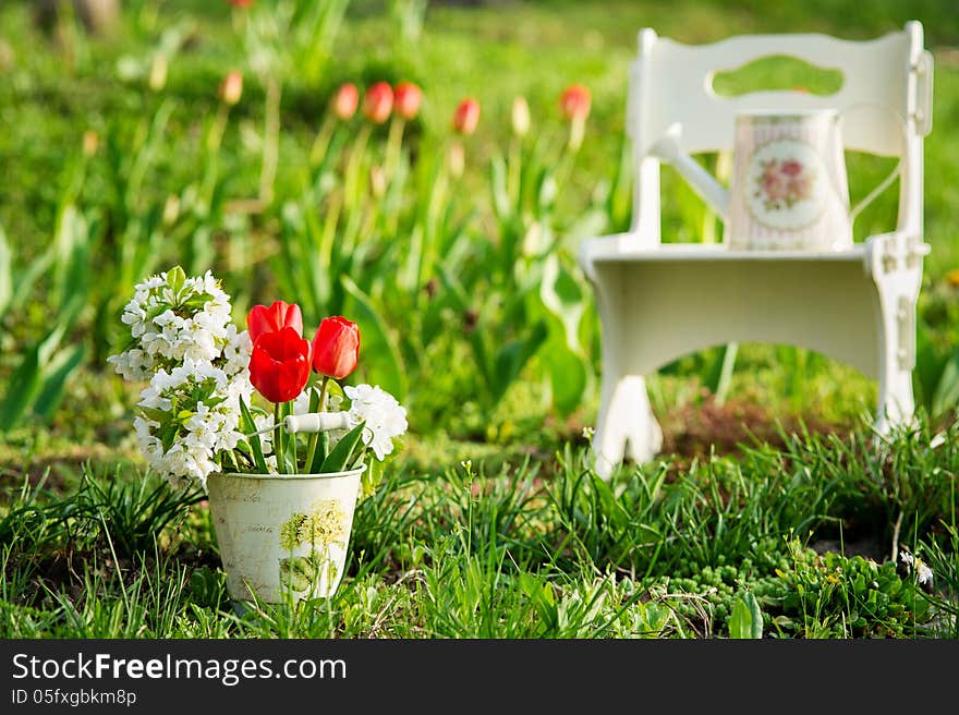 White wooden chair with vintage watering can on it in the background, a bucket with spring flowers in the foreground. White wooden chair with vintage watering can on it in the background, a bucket with spring flowers in the foreground