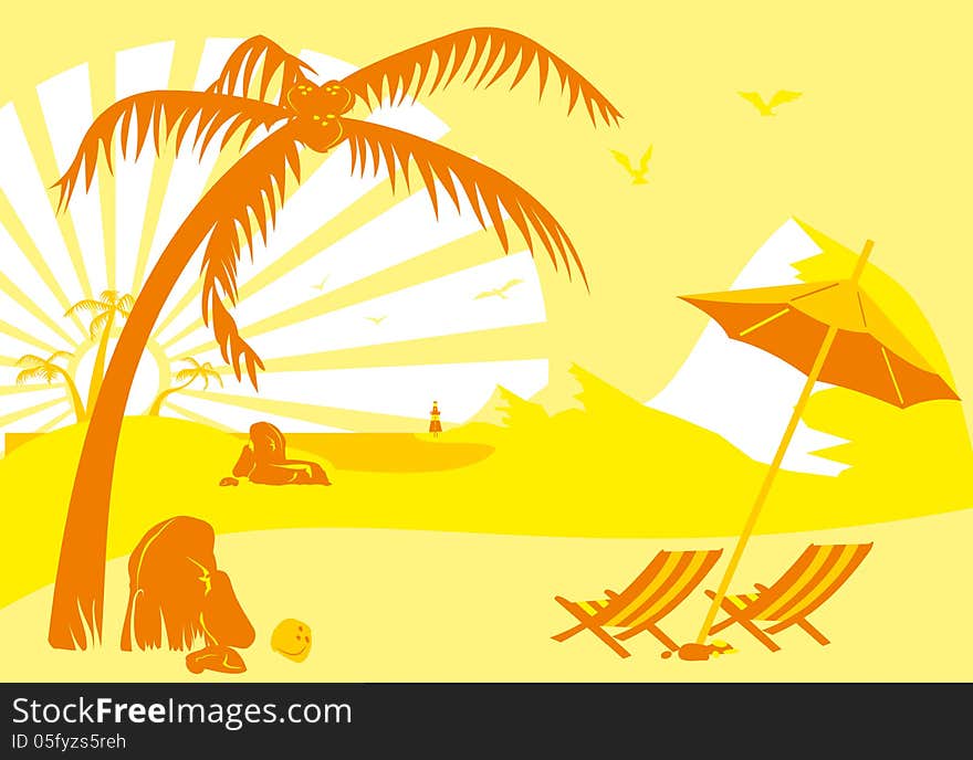 Summer vacation on the beach near the mountains, under a palm tree and an umbrella. Summer vacation on the beach near the mountains, under a palm tree and an umbrella