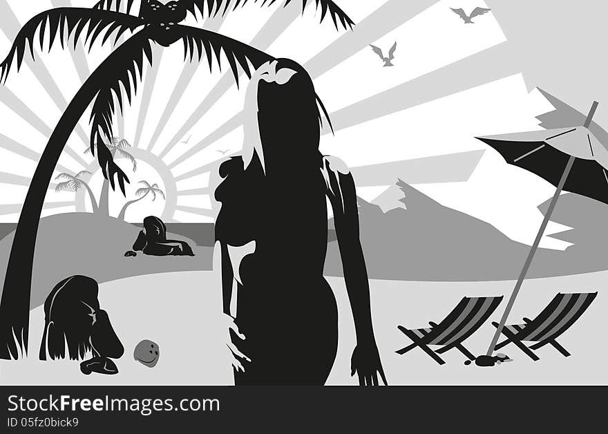 Silhouette of a woman on the beach under a palm tr