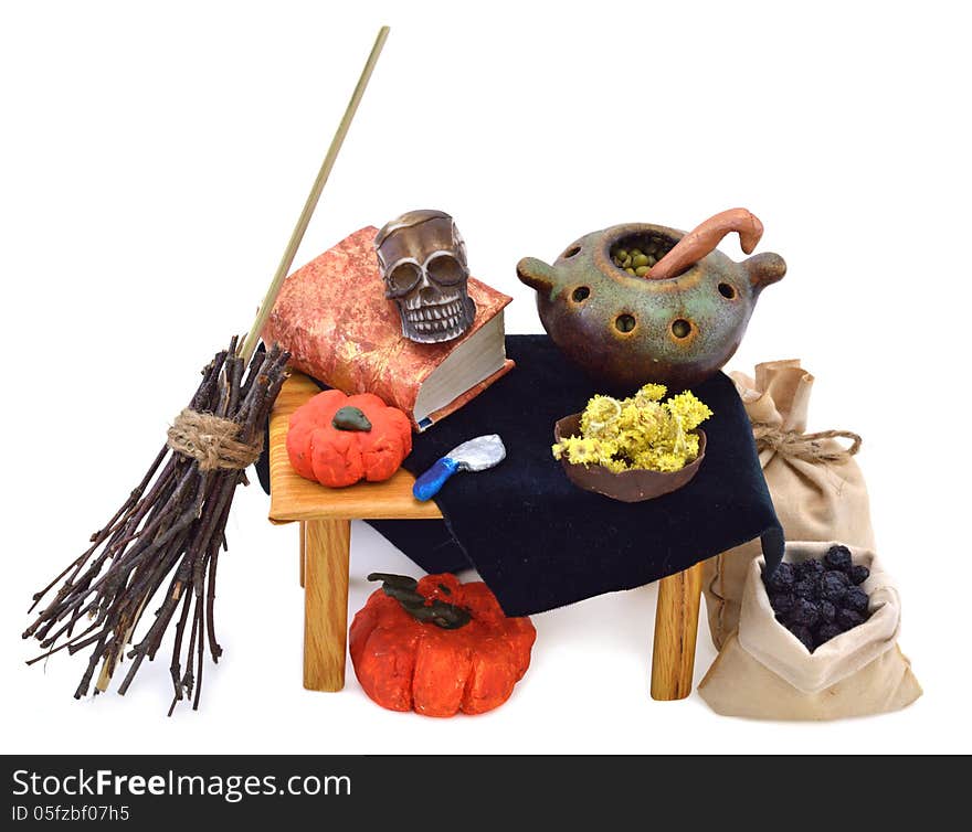 Composition of witch table with magic objects on it isolated. Composition of witch table with magic objects on it isolated