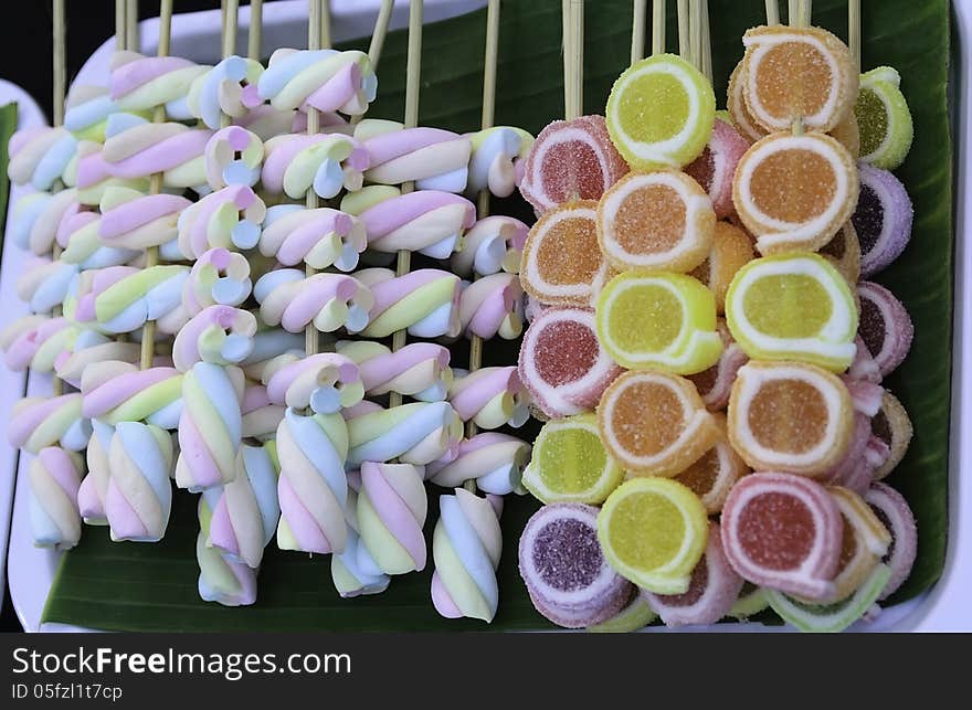 Candy on a banana leaf