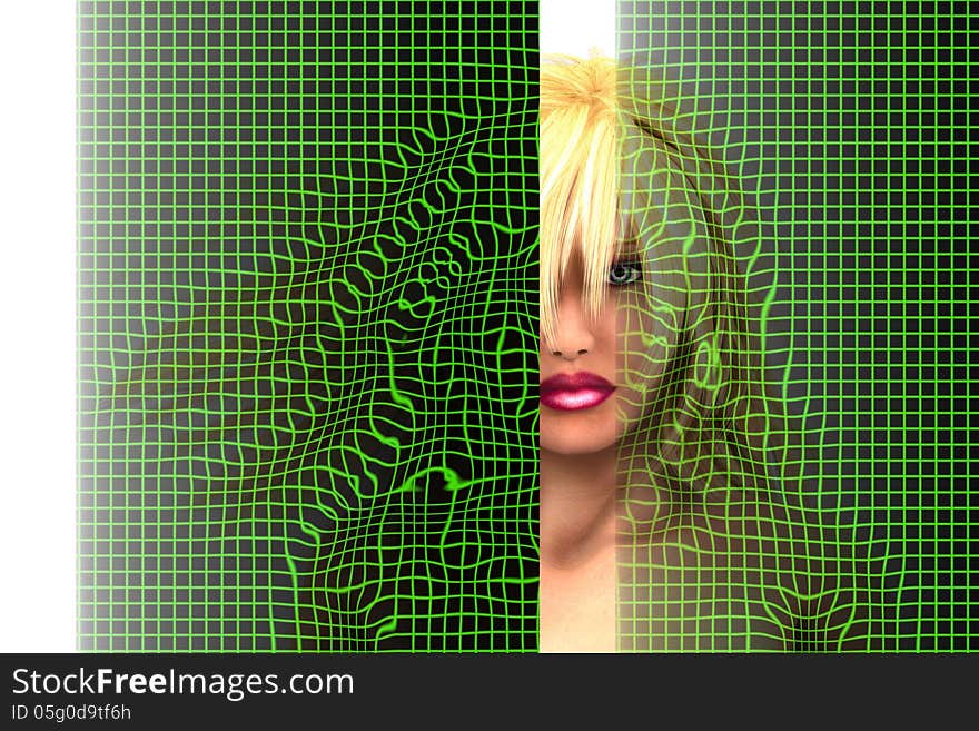 High-tech face technology background with coded grid on 3d woman's face.