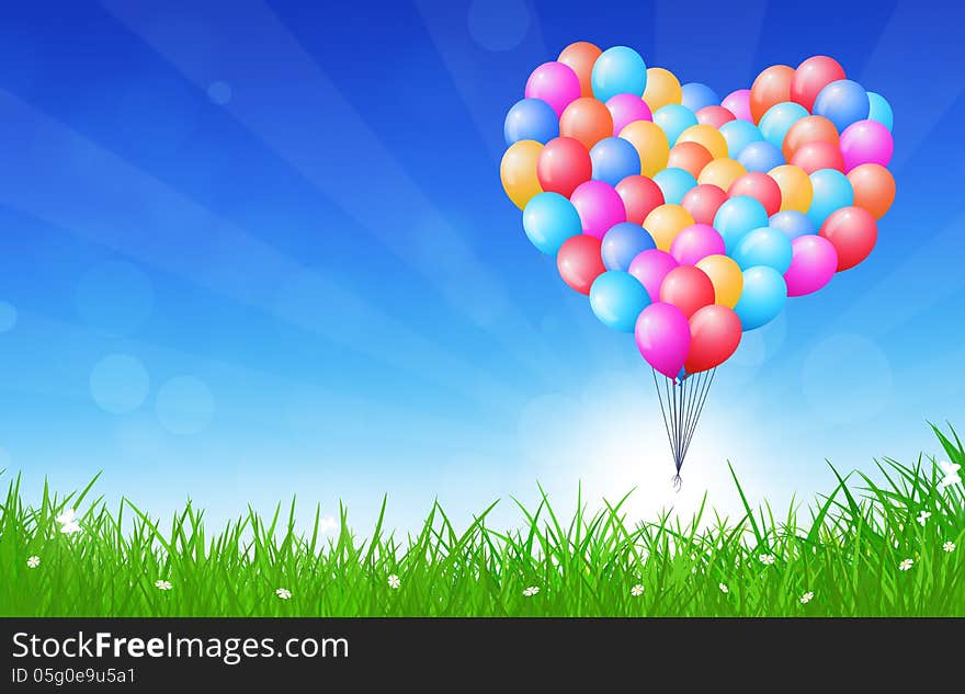 Colorful celebration backround with heart shaped balloons flying in the air