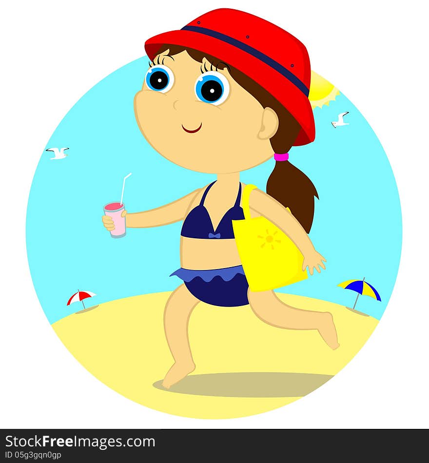 The little girl goes sunbathing on the beach. The little girl goes sunbathing on the beach