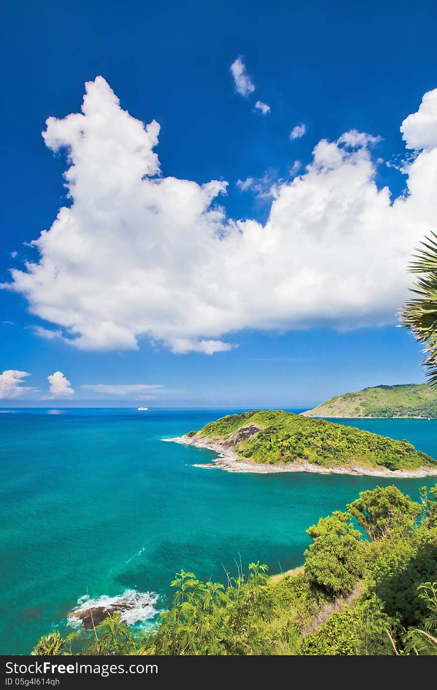 View of ocean and the blue sky with observation platform. View of ocean and the blue sky with observation platform