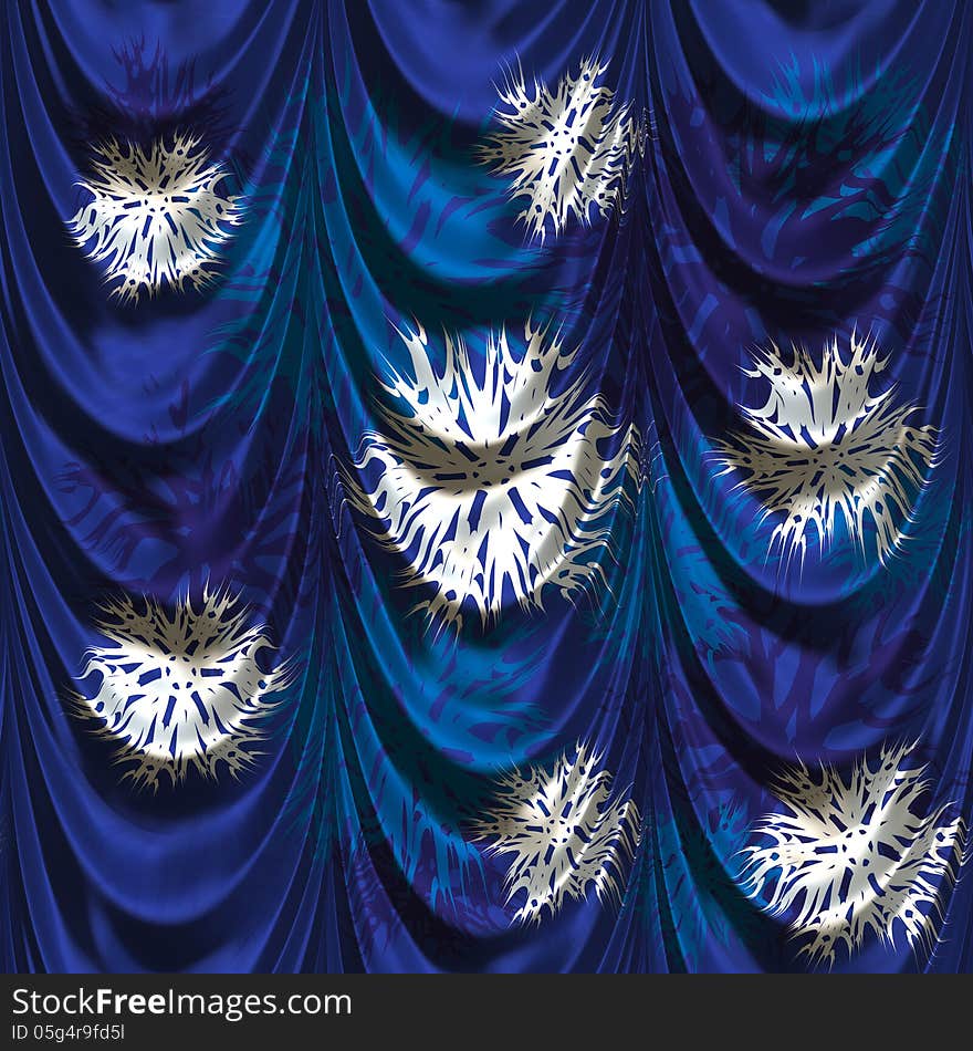 Blue curtain with decorative snowflakes pattern background. Blue curtain with decorative snowflakes pattern background.