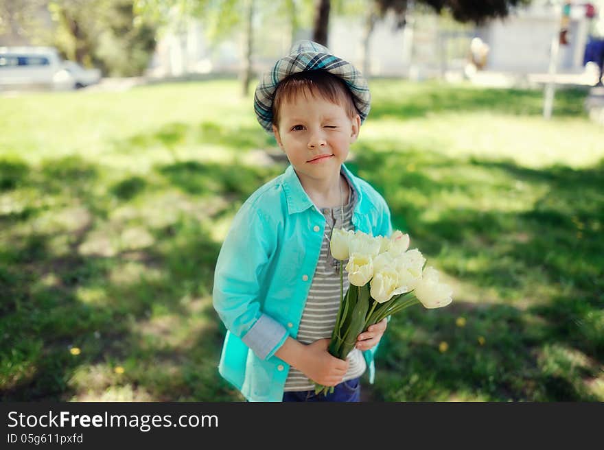 Child with tulips