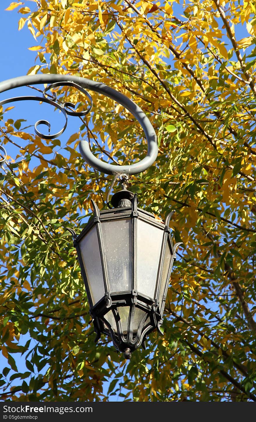 Old lamp against autumn foliage