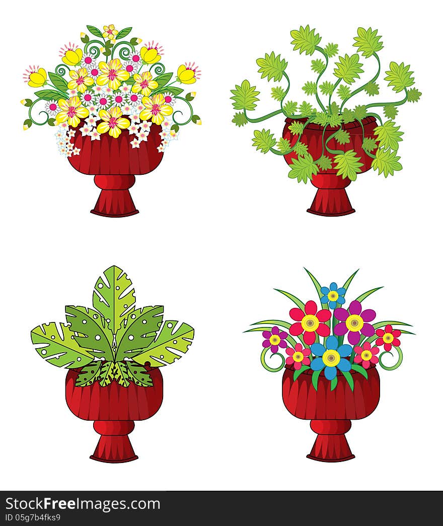 Set of vases with flowers and leaves.