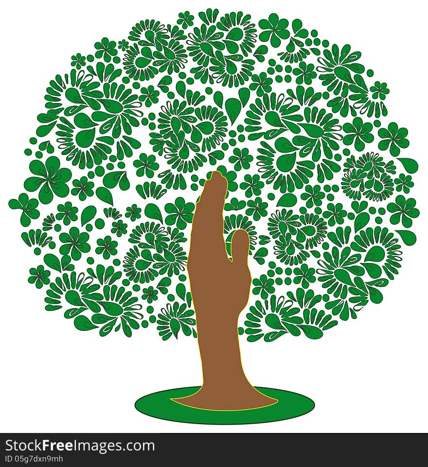 A green tree, the trunk of the tree in the form of hands, the leaves - pattern