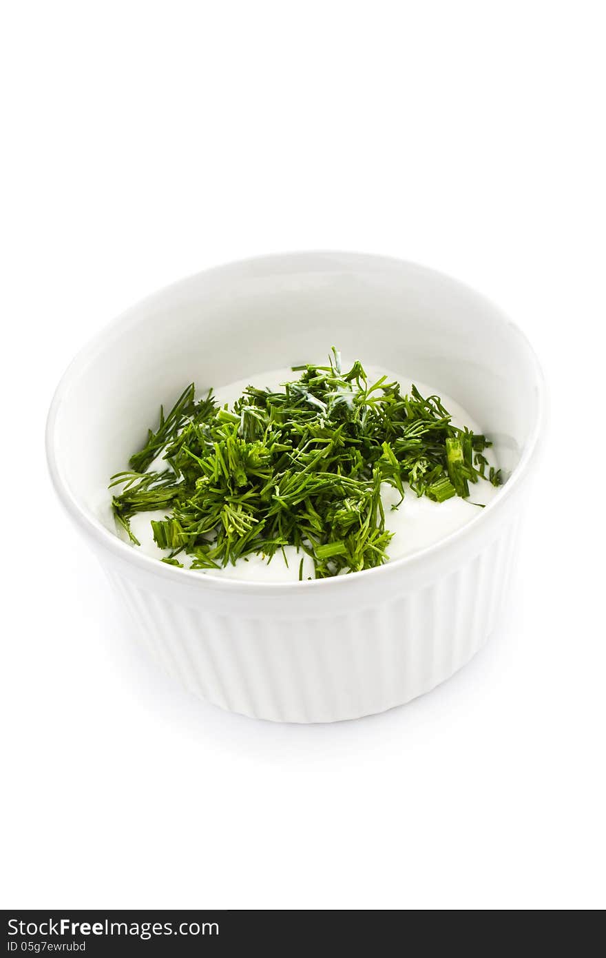 Sour Cream In Small Round Plate With Herbs