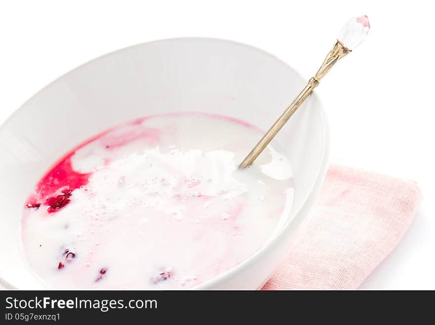 Fresh yogurt with  blackberry in a white bowl isolated