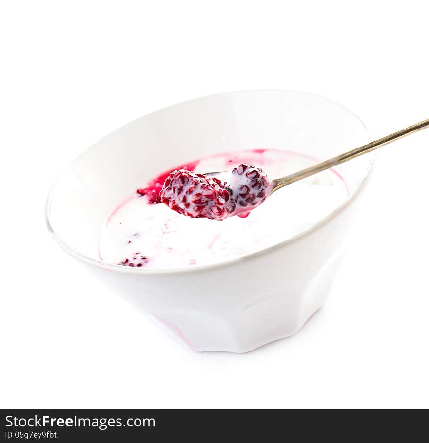 Fresh yogurt with  blackberry in a white bowl isolated