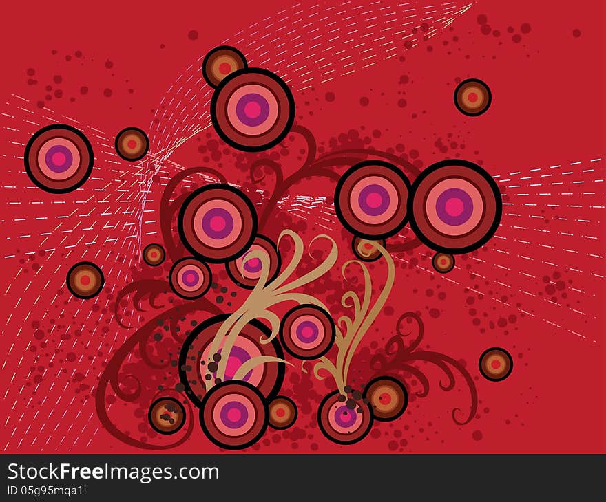 Abstract red background with floral, circles and lines. Abstract red background with floral, circles and lines.