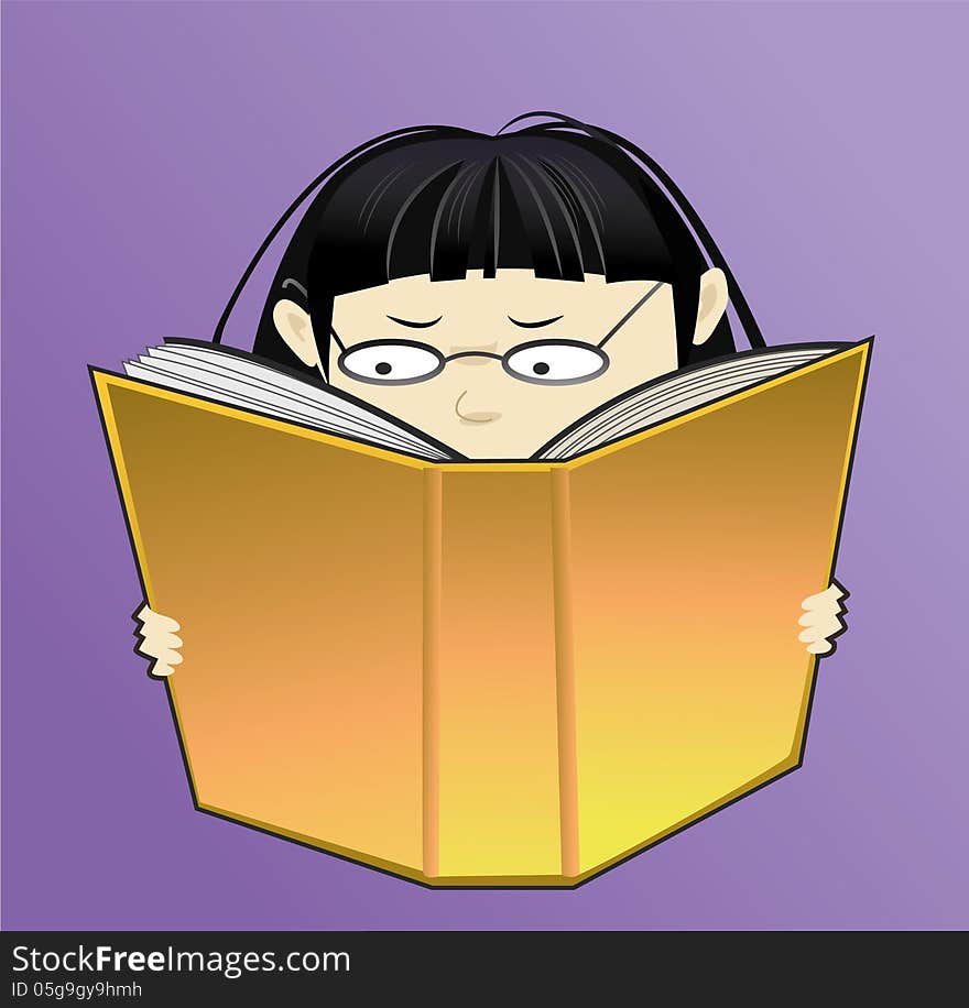 Illustration of a smart black-haired girl with a book. Illustration of a smart black-haired girl with a book