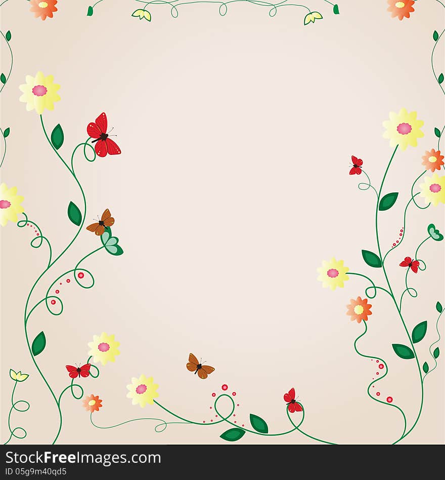 Floral card in warm colors of summer. Beautiful floral card