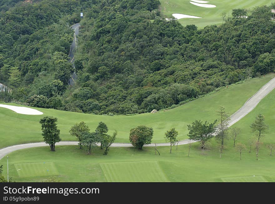 Golf course beside green wood.