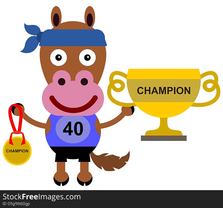 Illustration of a horse wearing a runner's uniform while holding a trophy and a medal. Illustration of a horse wearing a runner's uniform while holding a trophy and a medal