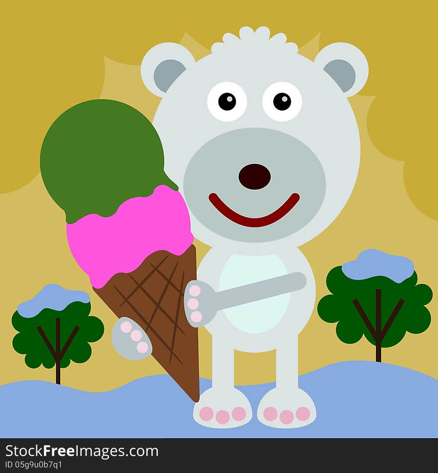 Illustration of a cute polar bear holding a huge ice cream. Illustration of a cute polar bear holding a huge ice cream